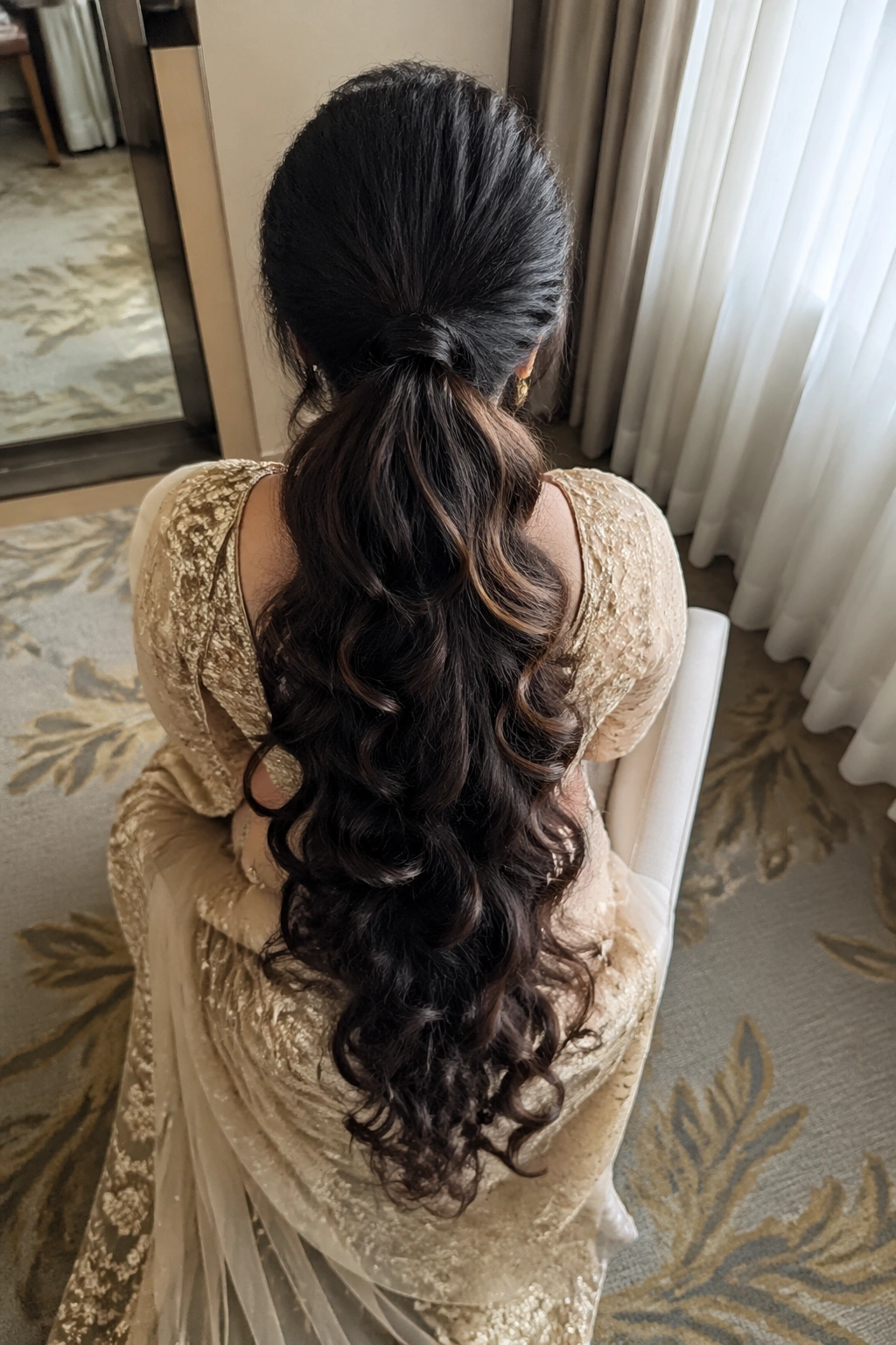 Overhead view of extra-long ponytail with extensions