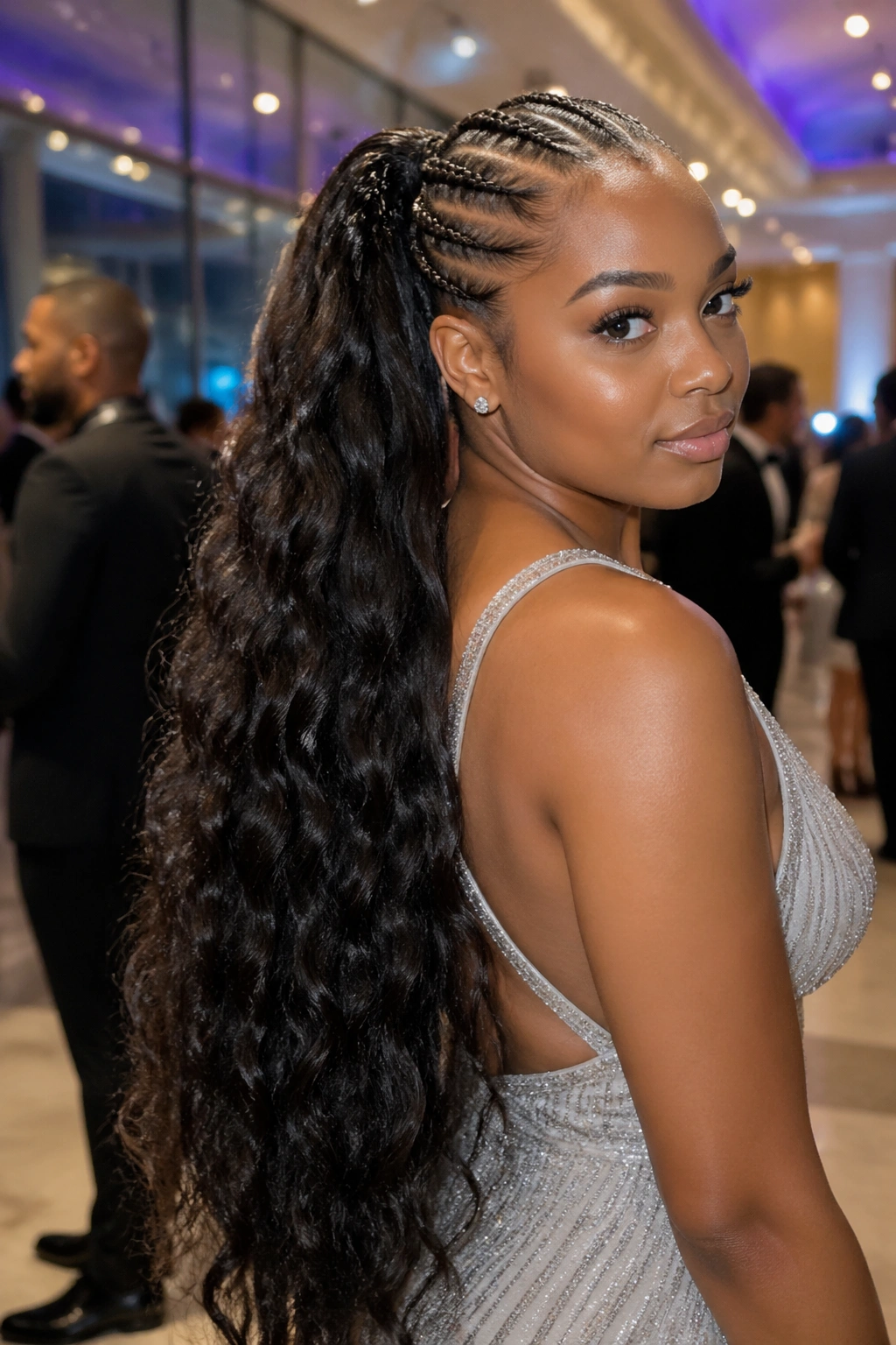 Long feed-in pony with loose waves on a real person.