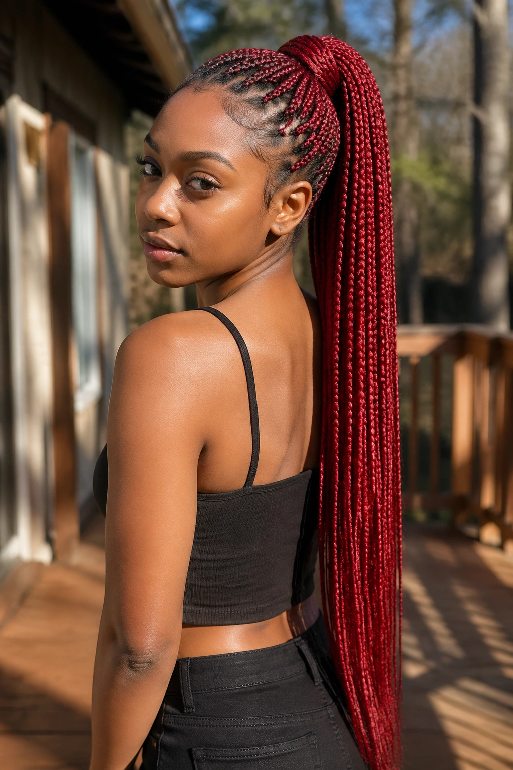 Real person with long red box-braid ponytail and wrapped base
