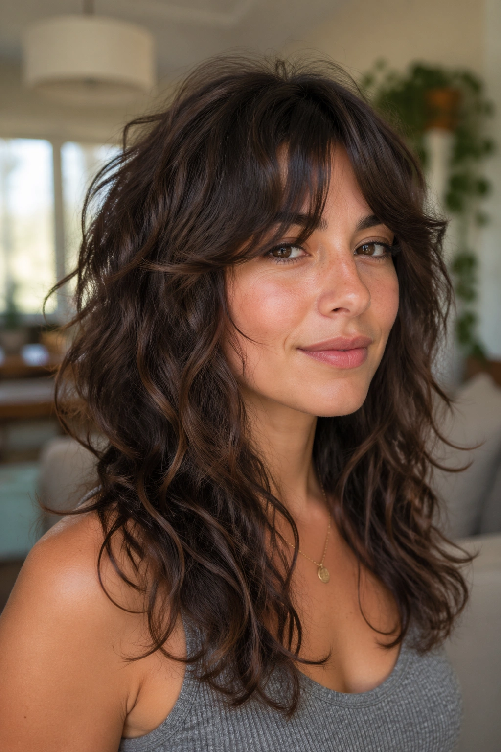 Close-up portrait of real woman with long shag and airy crown layers in 2c curls