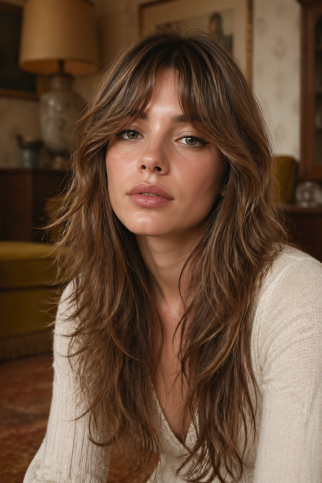 Close-up of real woman with long shag and bottleneck bangs