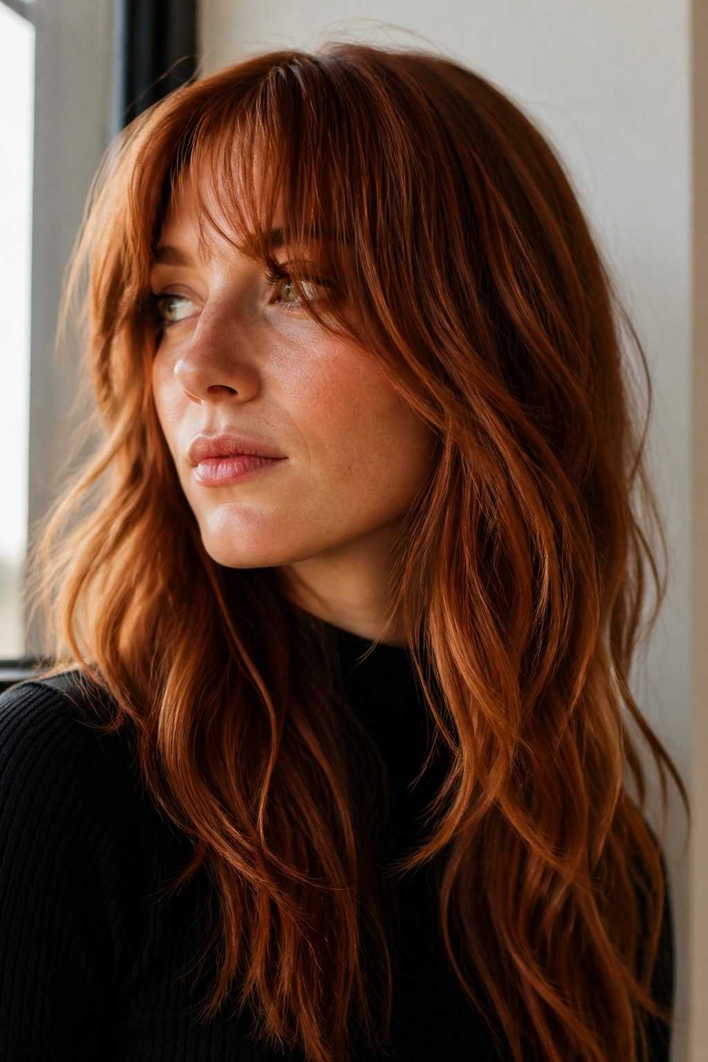 Close-up portrait of a real woman with long copper-red shag bangs