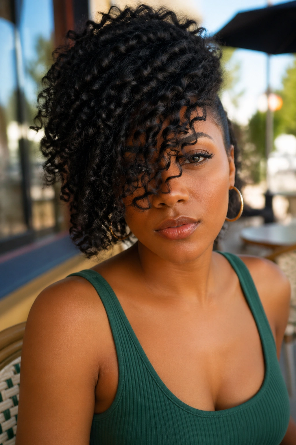 Close-up of a real person with a long side bang over one eye in outdoor cafe light