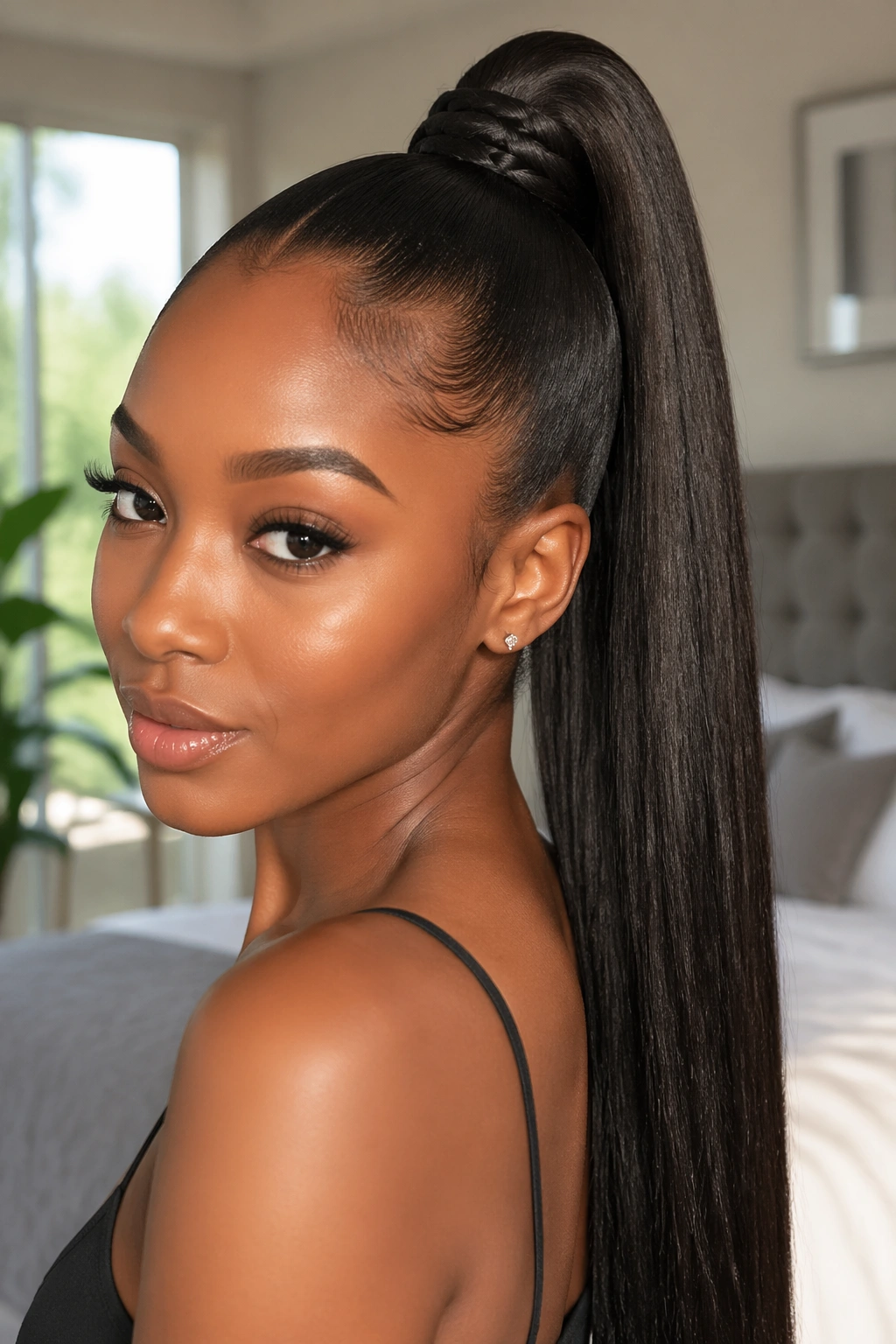 Close-up of a real person with a long sleek pony and braided extension