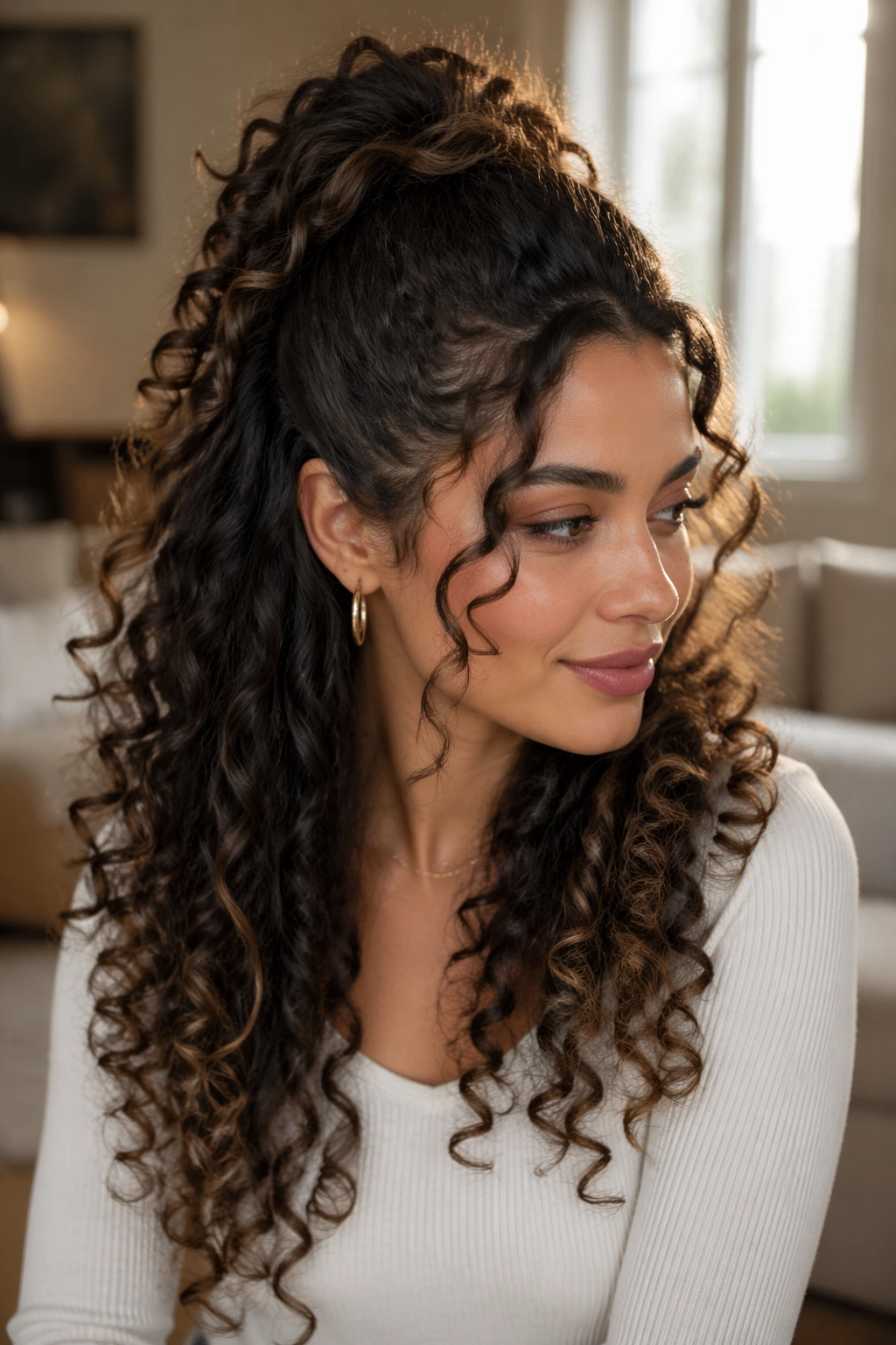 Portrait of The Long Spiral Curl Half Ponytail with cascading spiral curls.