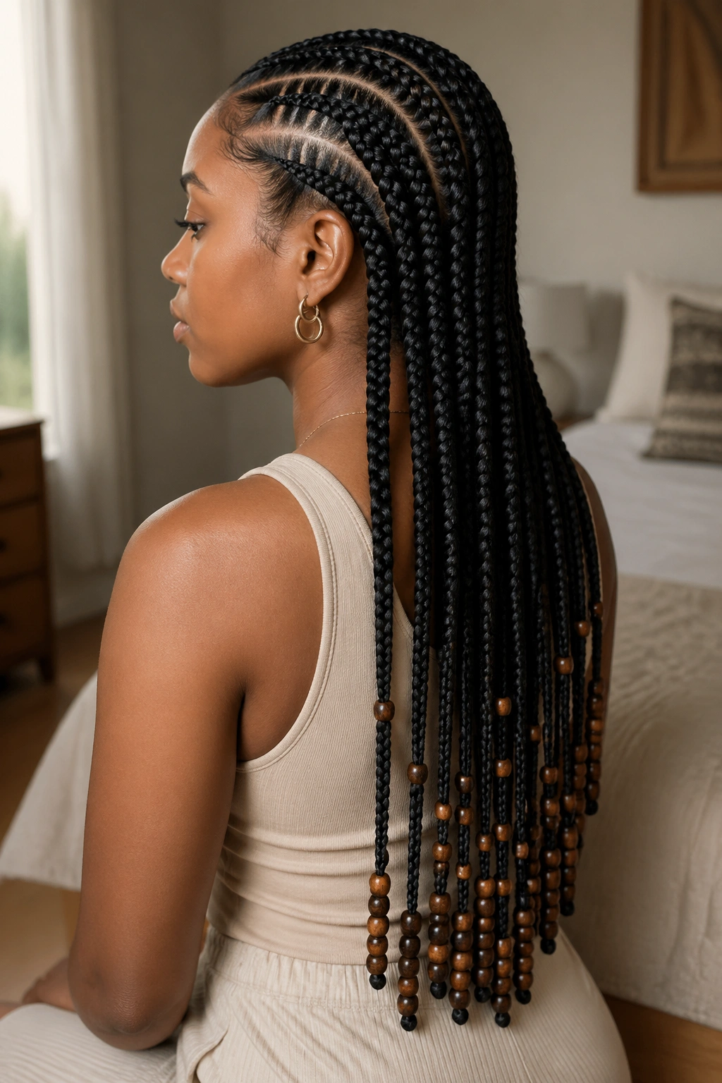 Side profile of real woman with long stitch cornrows and beaded tails along the length