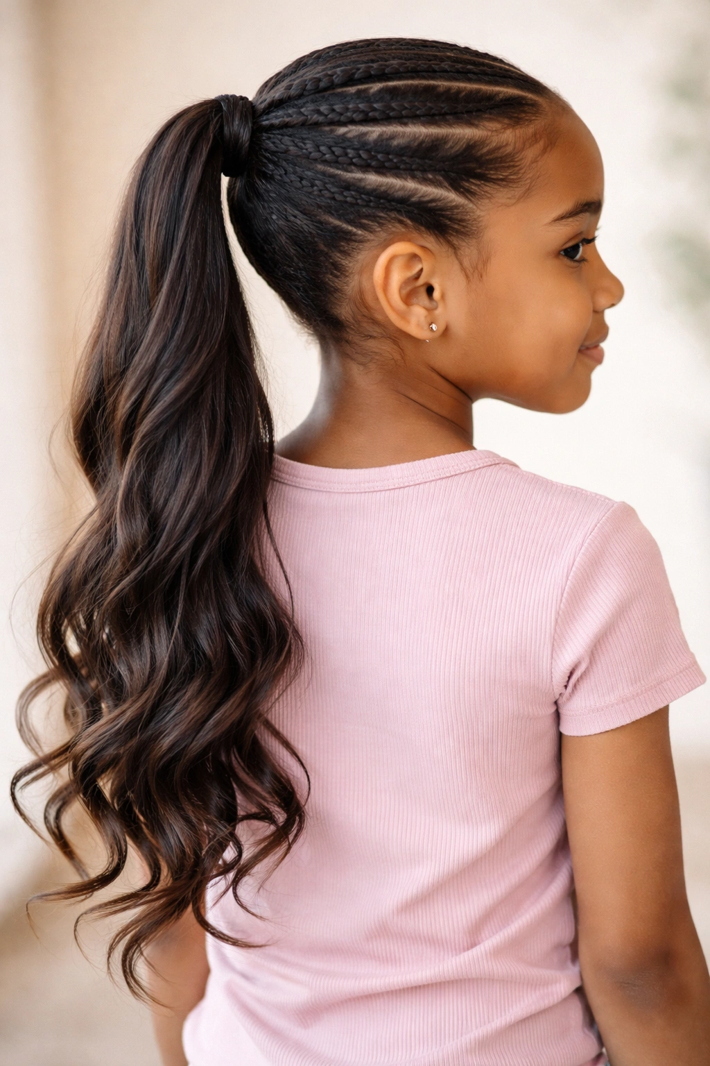 Side view of long tail feed-in ponytail with loose flowing ends