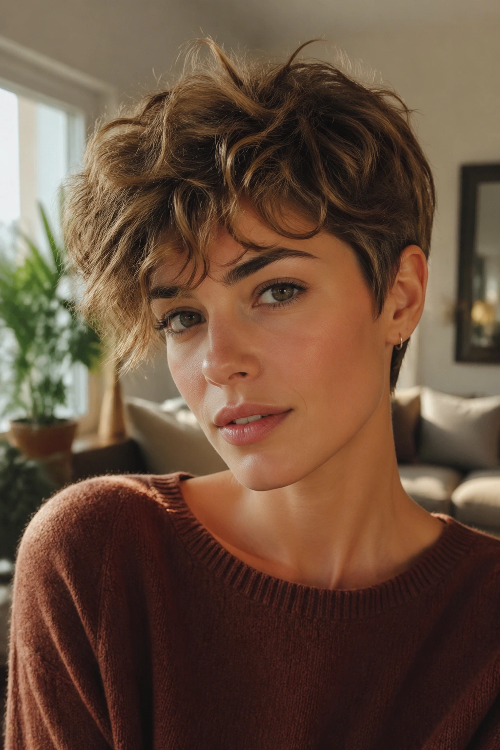 Portrait of a real woman with a long-top pixie showing extended crown and visible waves