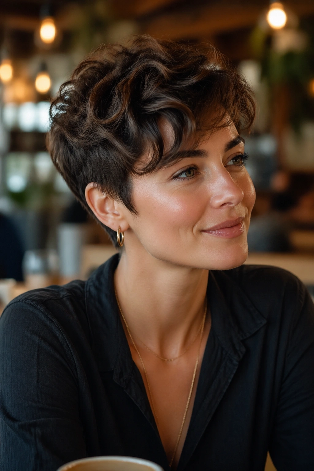Medium close-up of real woman with long-top wavy pixie in warm light