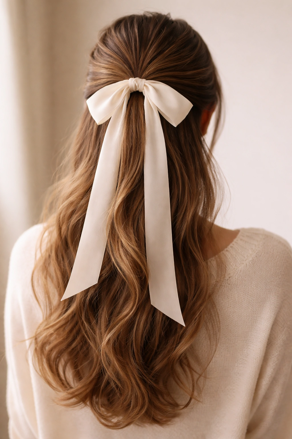 Half-up ponytail with long trailing bow tails