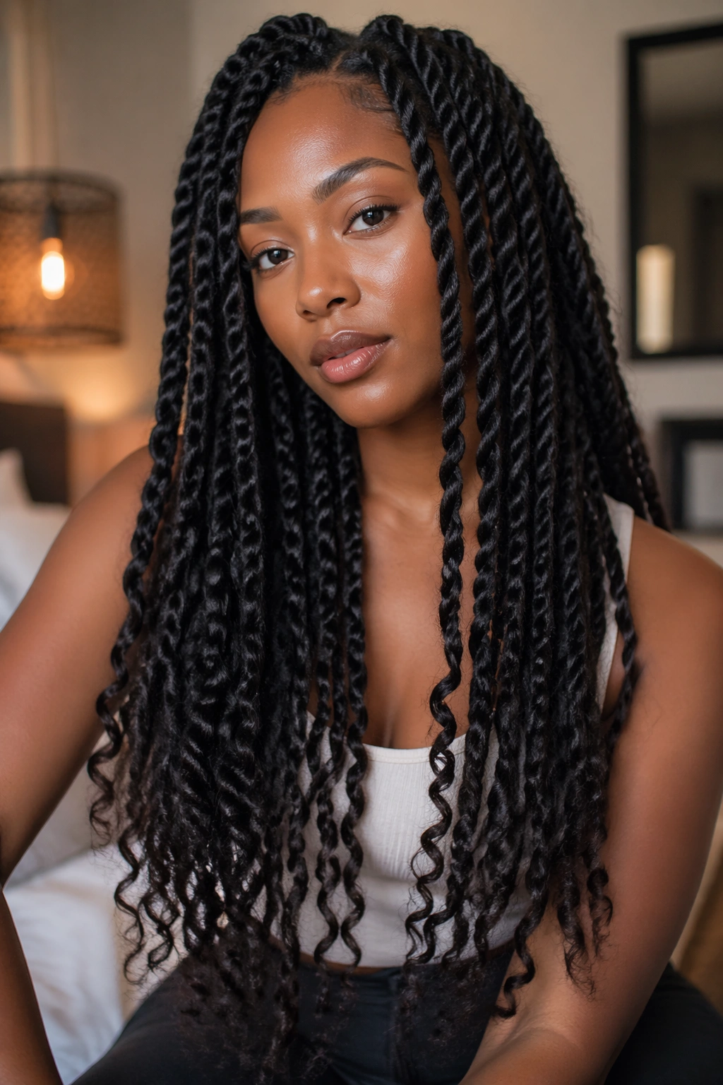 Close-up of a real woman with long two-strand twists at the ends