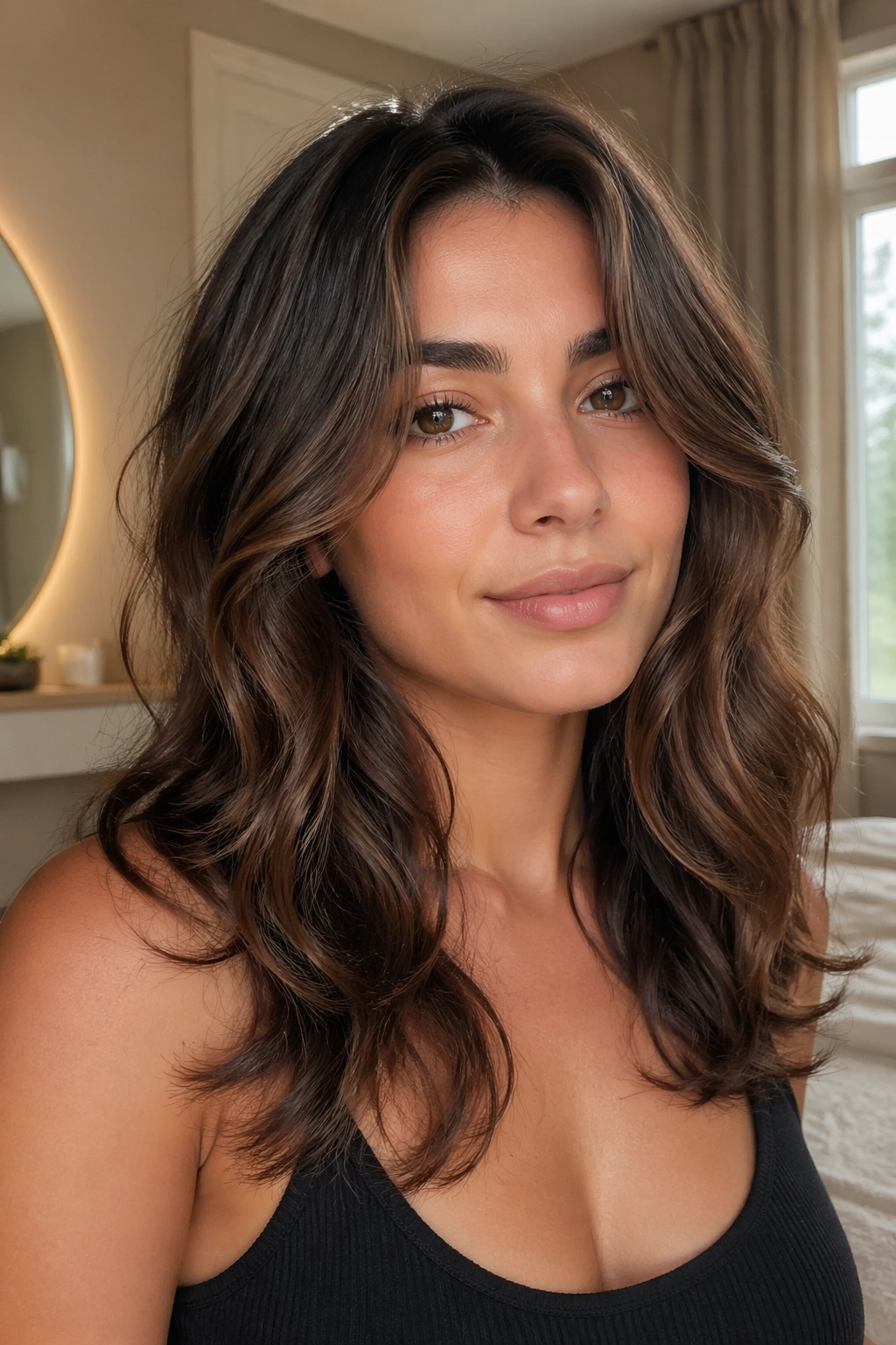 Close-up portrait of a woman with a long U-cut and soft face-framing layers.