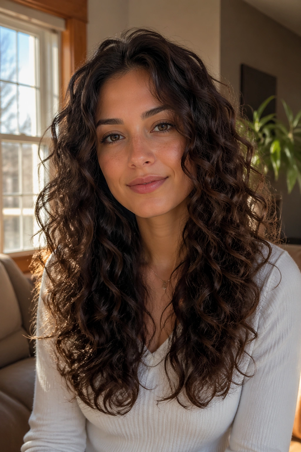 Close-up portrait of a real woman with long U-cut and soft layers in 2c curls