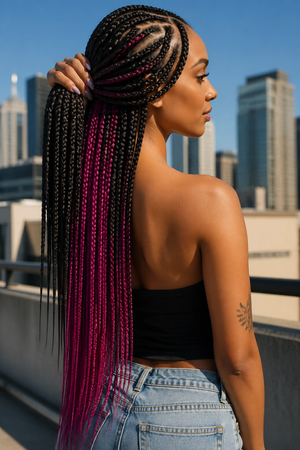 Close-up portrait of a real woman showing extremely long underlayer peeking out beneath short top cornrows.