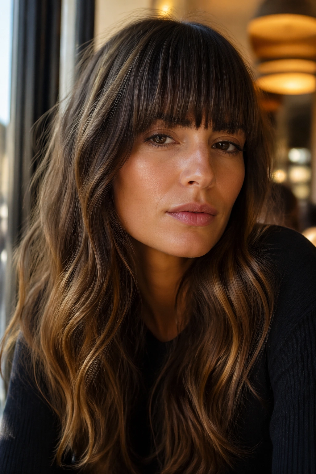 Portrait of a woman with long waves and blunt bangs in warm window light