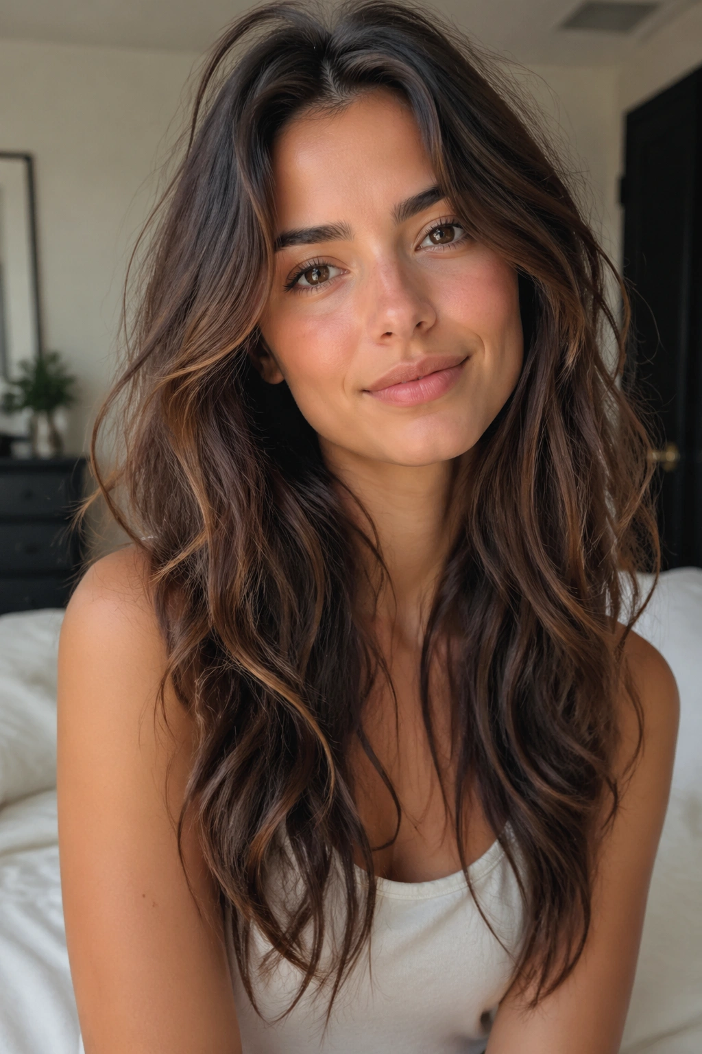 Portrait of a woman with long softly tousled waves and invisible layers