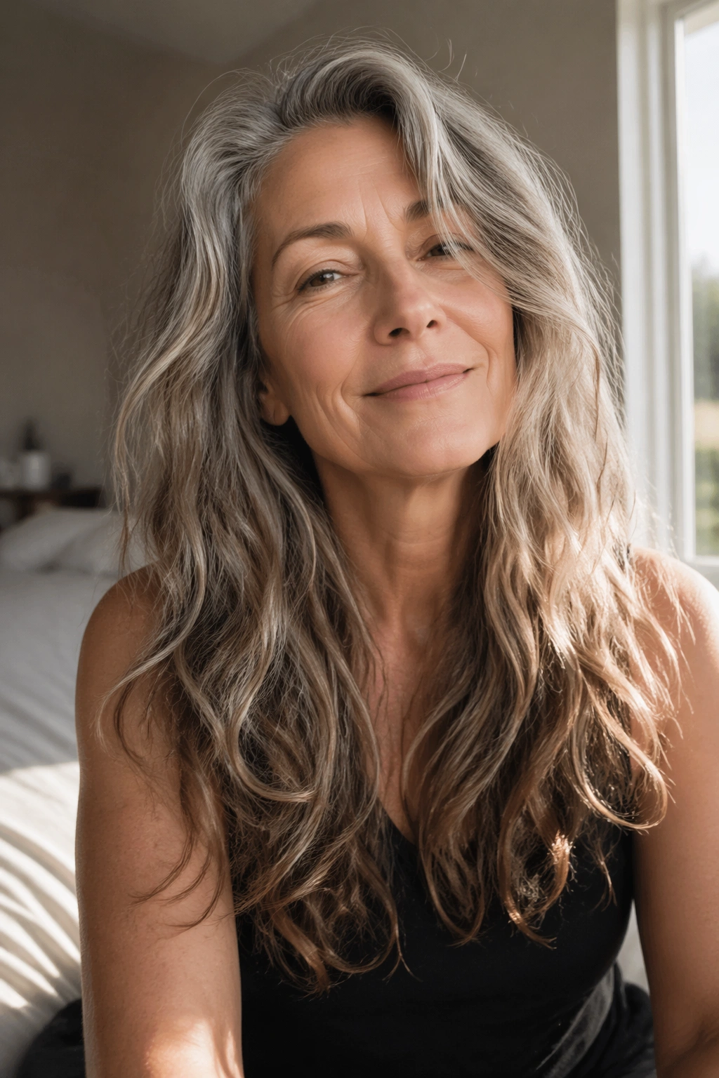 Close-up portrait of a real woman with long wavy layers and minimal styling