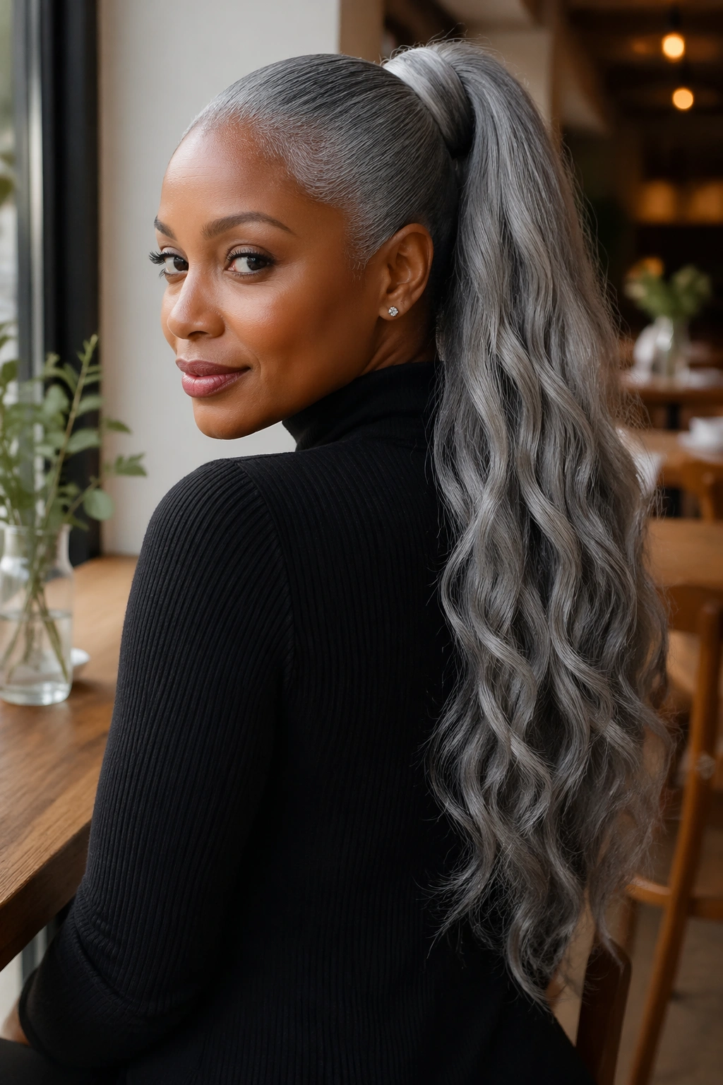 Medium close-up of a real woman with a long wavy gray ponytail in a cozy setting