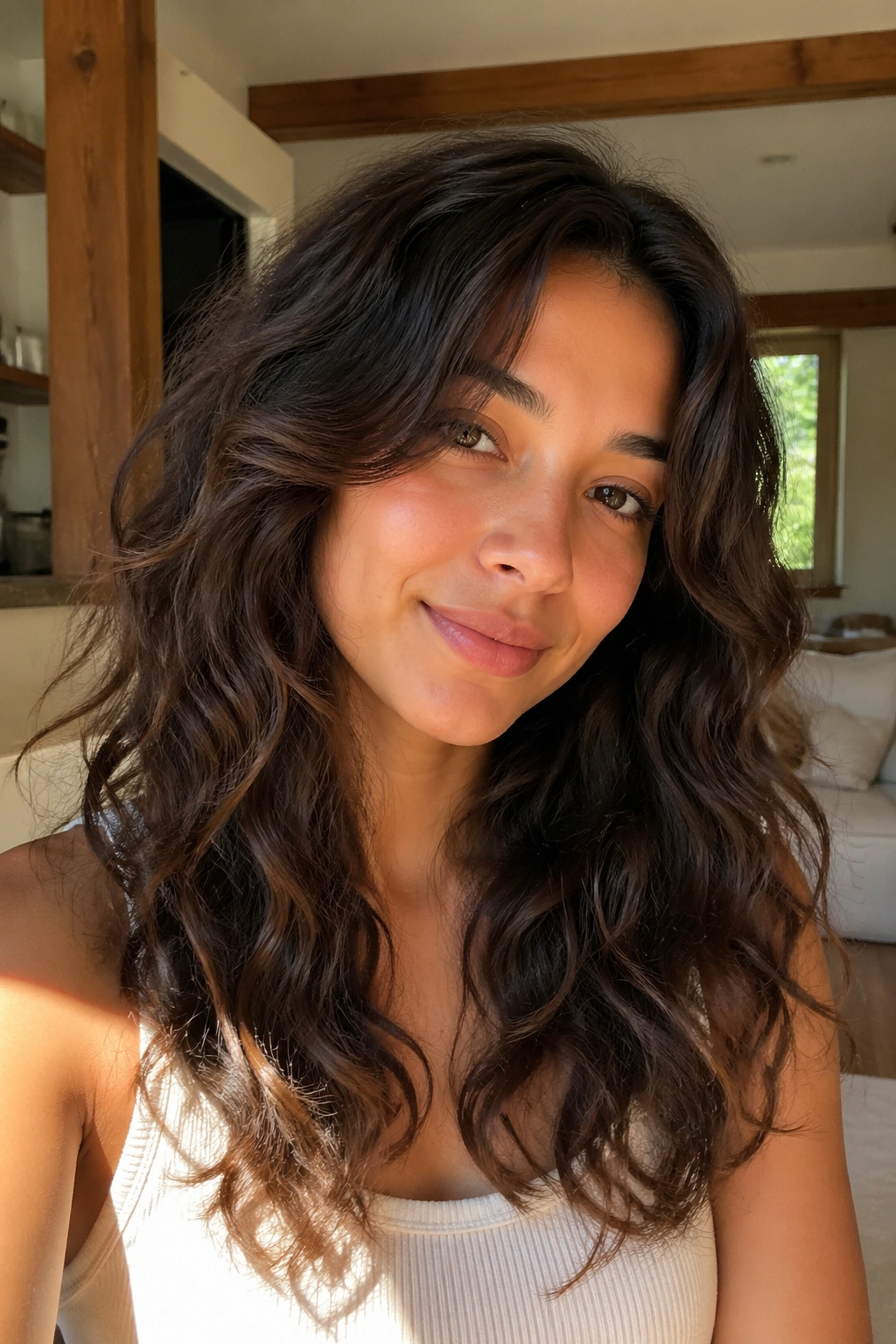 Close-up of a real woman with long wavy hair showing invisible layers