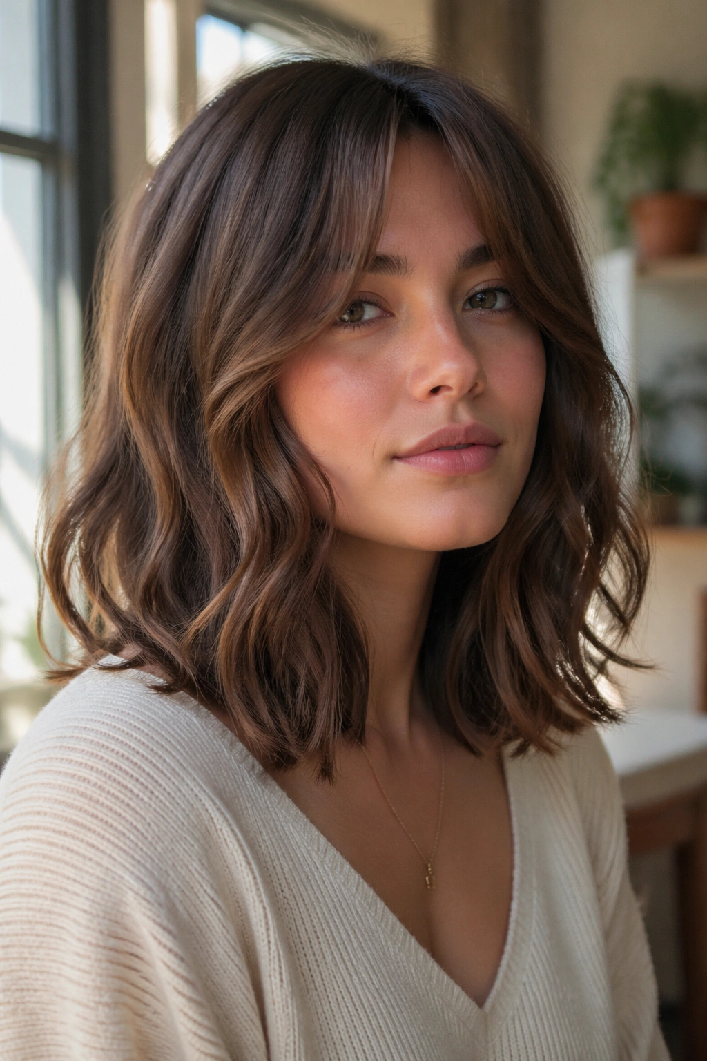 Portrait of a woman with long wavy lob and curtain bangs in a sunlit room.