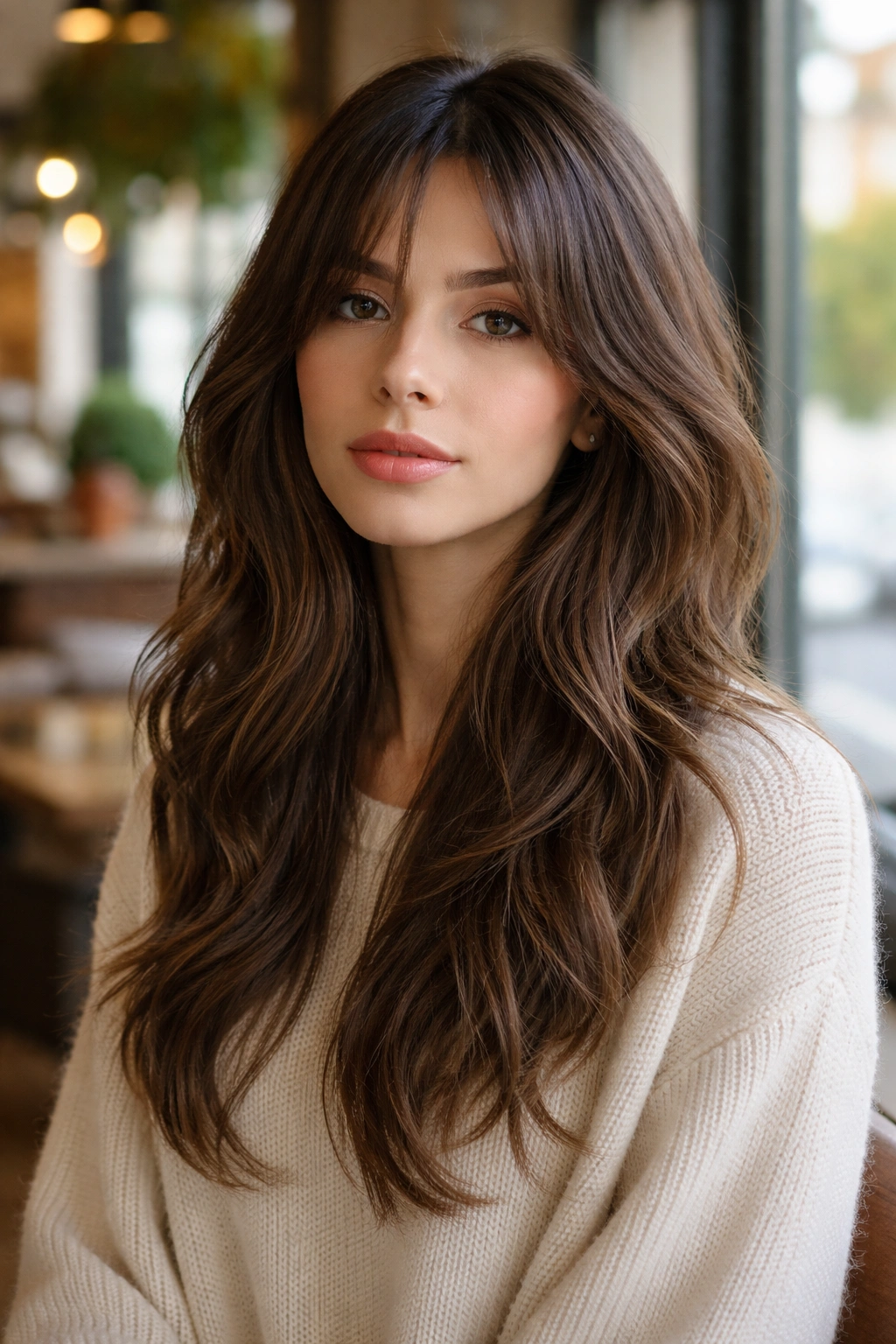 Close-up portrait of a real person with long wolf cut and hidden layers