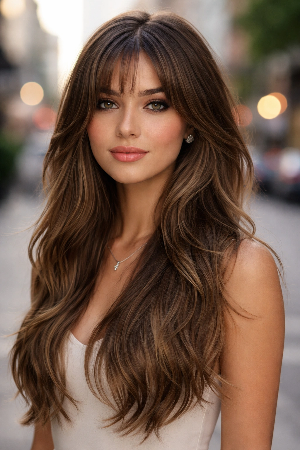 Close-up of a real woman with long wolf cut softened at the edges