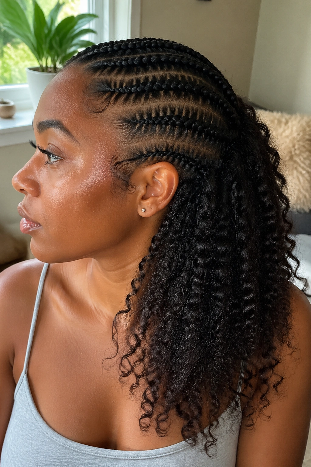 Side profile of woman with cornrows on top and loose curls below