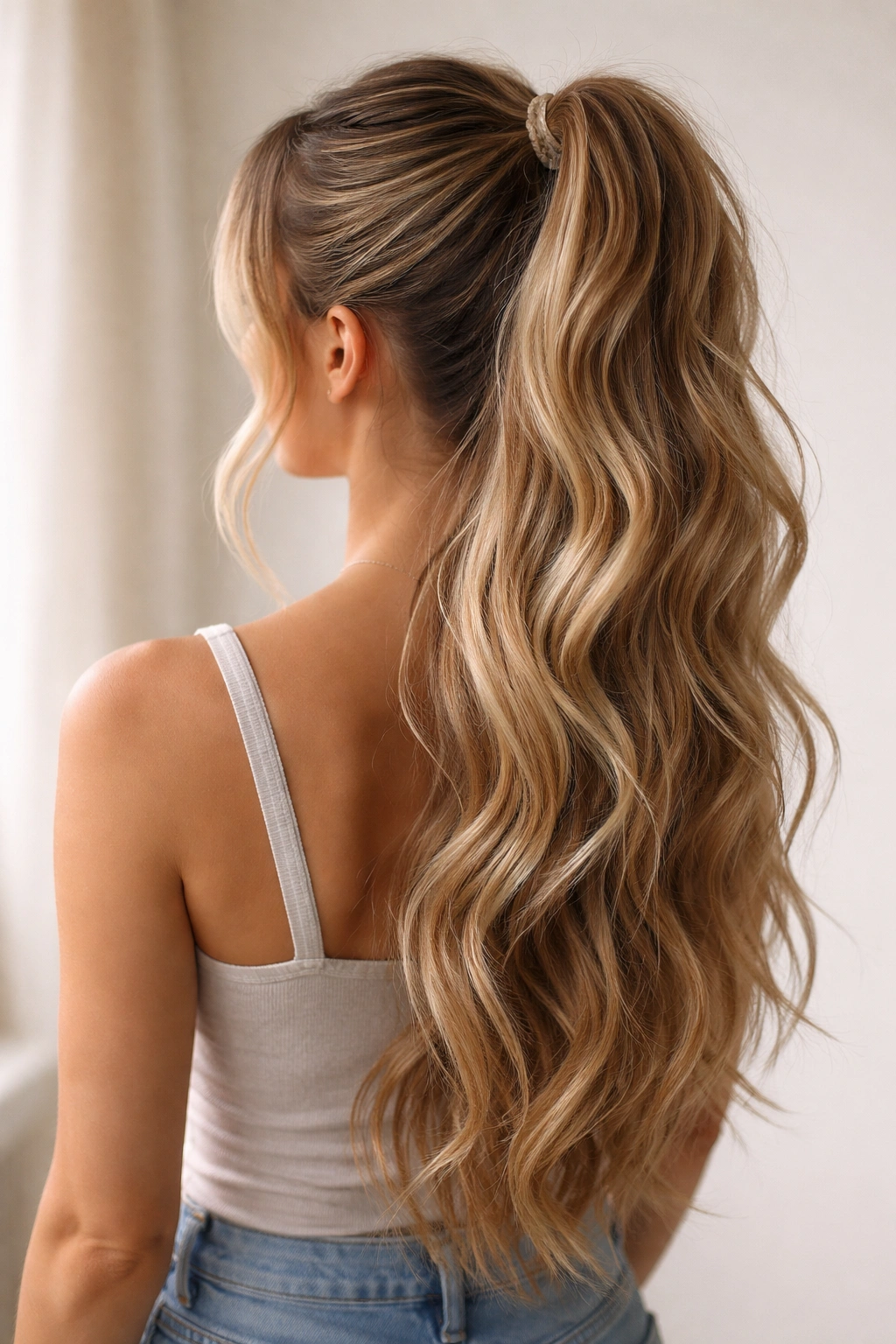 Back view of long cascading half up ponytail with soft waves