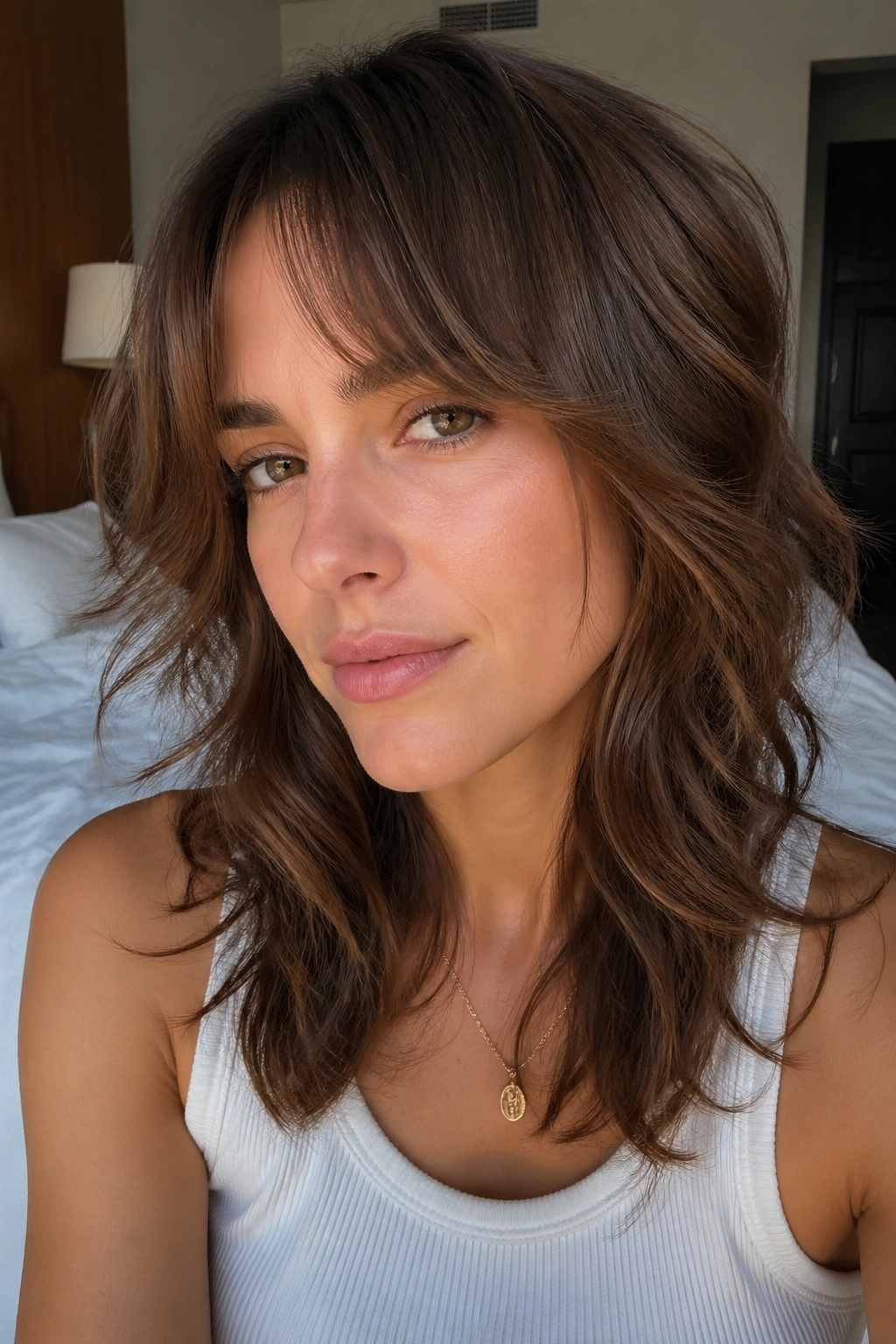 Close-up portrait of a real woman with longish medium shag in warm window light