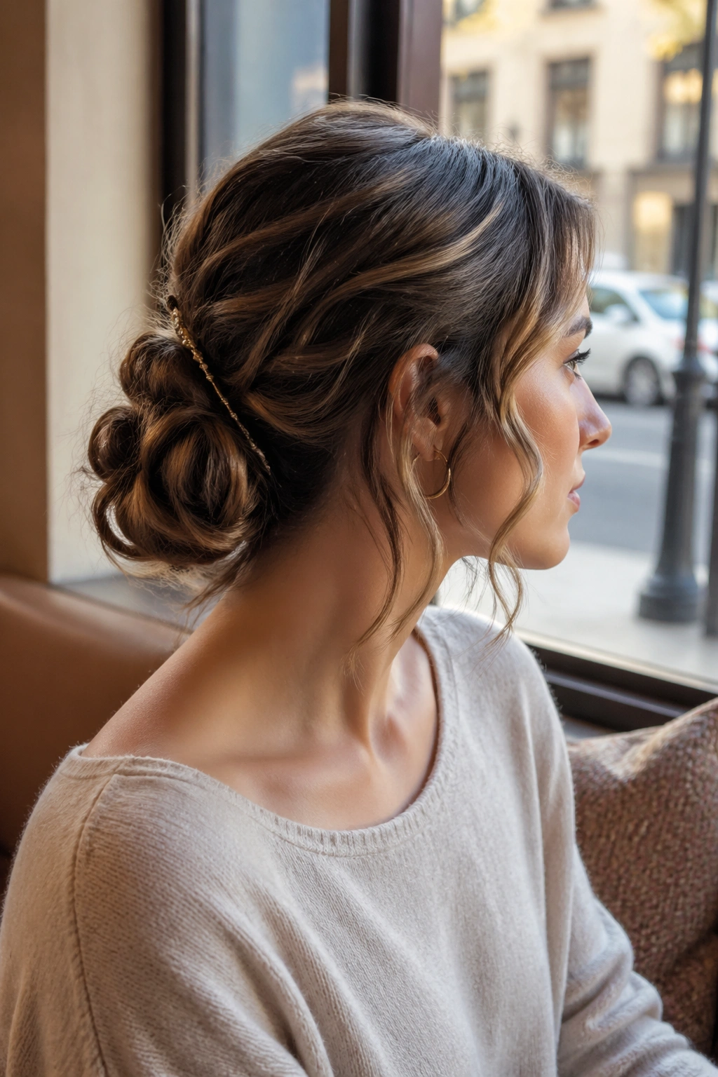 Close-up of a real woman with a soft looped low bun at the nape and shoulder-length waves