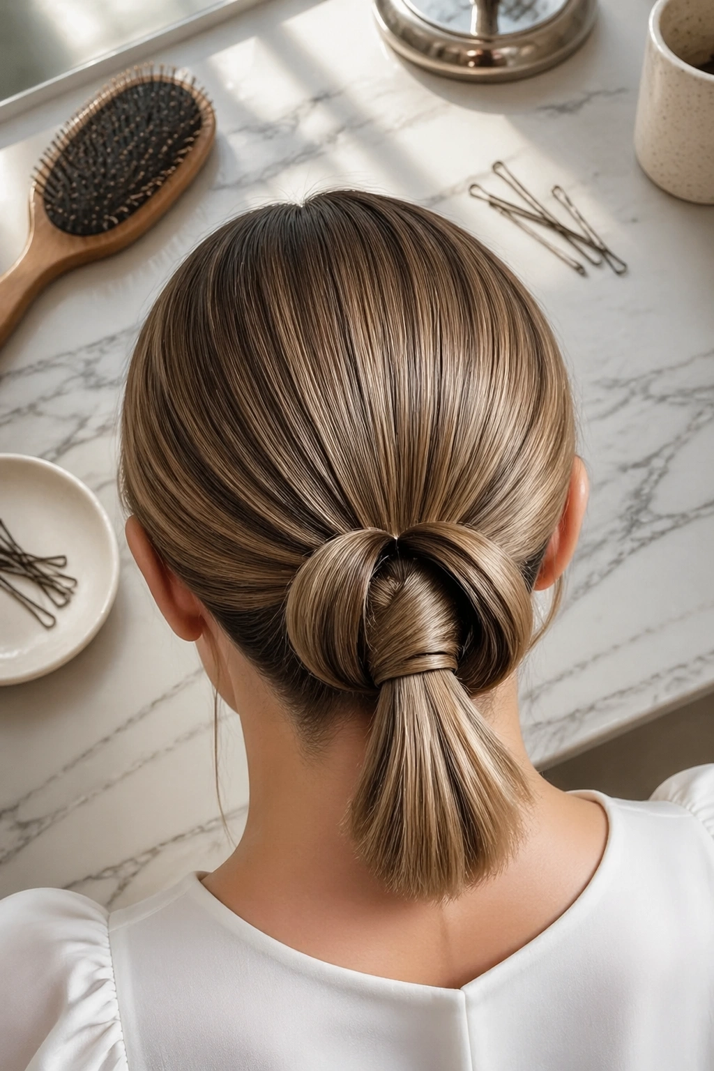 Overhead flat-lay of Tucked Loop Ponytail with pins.