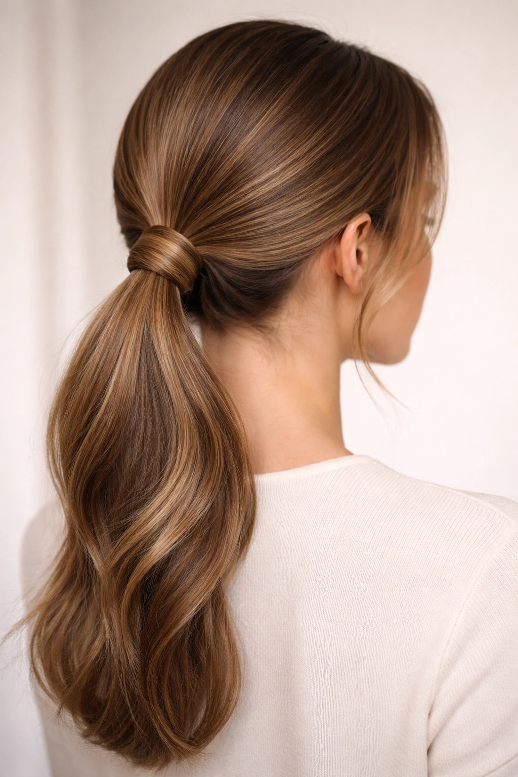 Front-angle view of a looped tucked-in ponytail with a visible base loop.