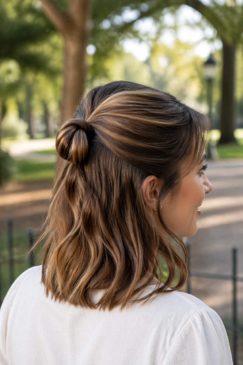 Portrait of a person with a loop-through half ponytail showing a rounded loop.