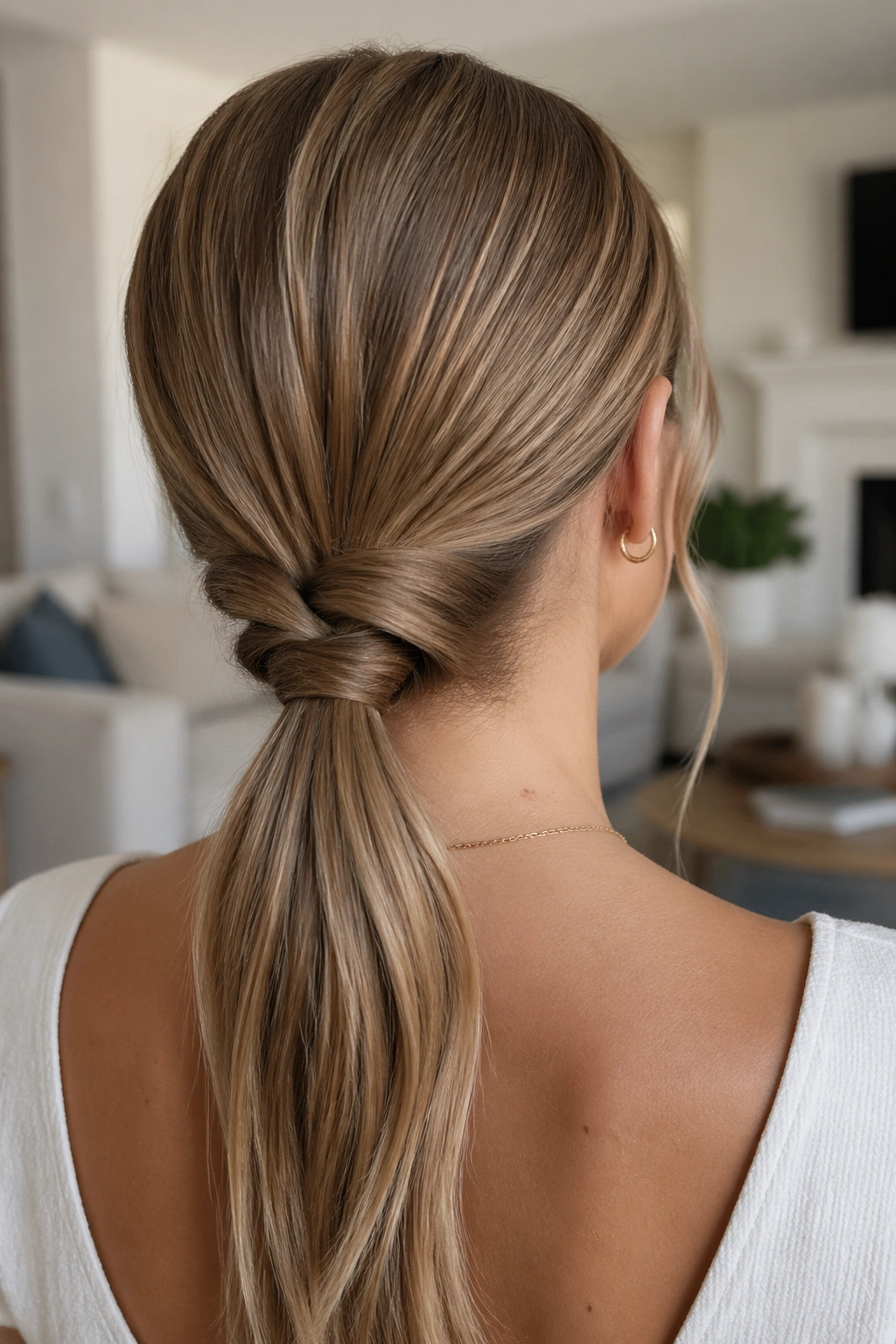Back-of-head view of Loop-Through Low Ponytail on a real woman