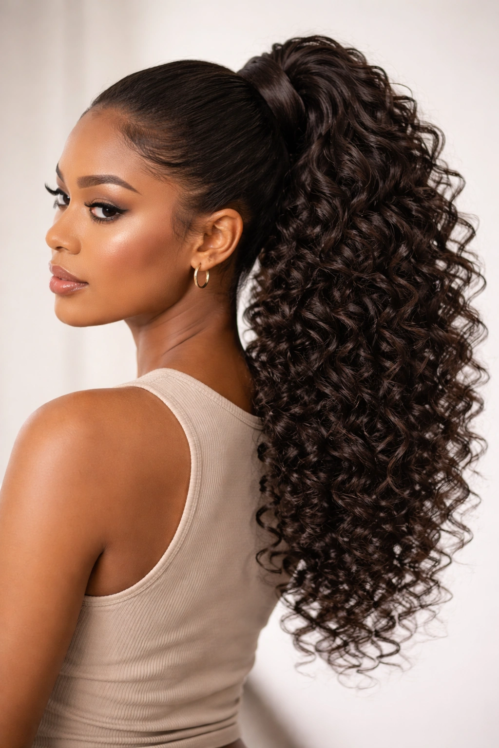 Close-up of loop-through ponytail with lifted base and curling ends