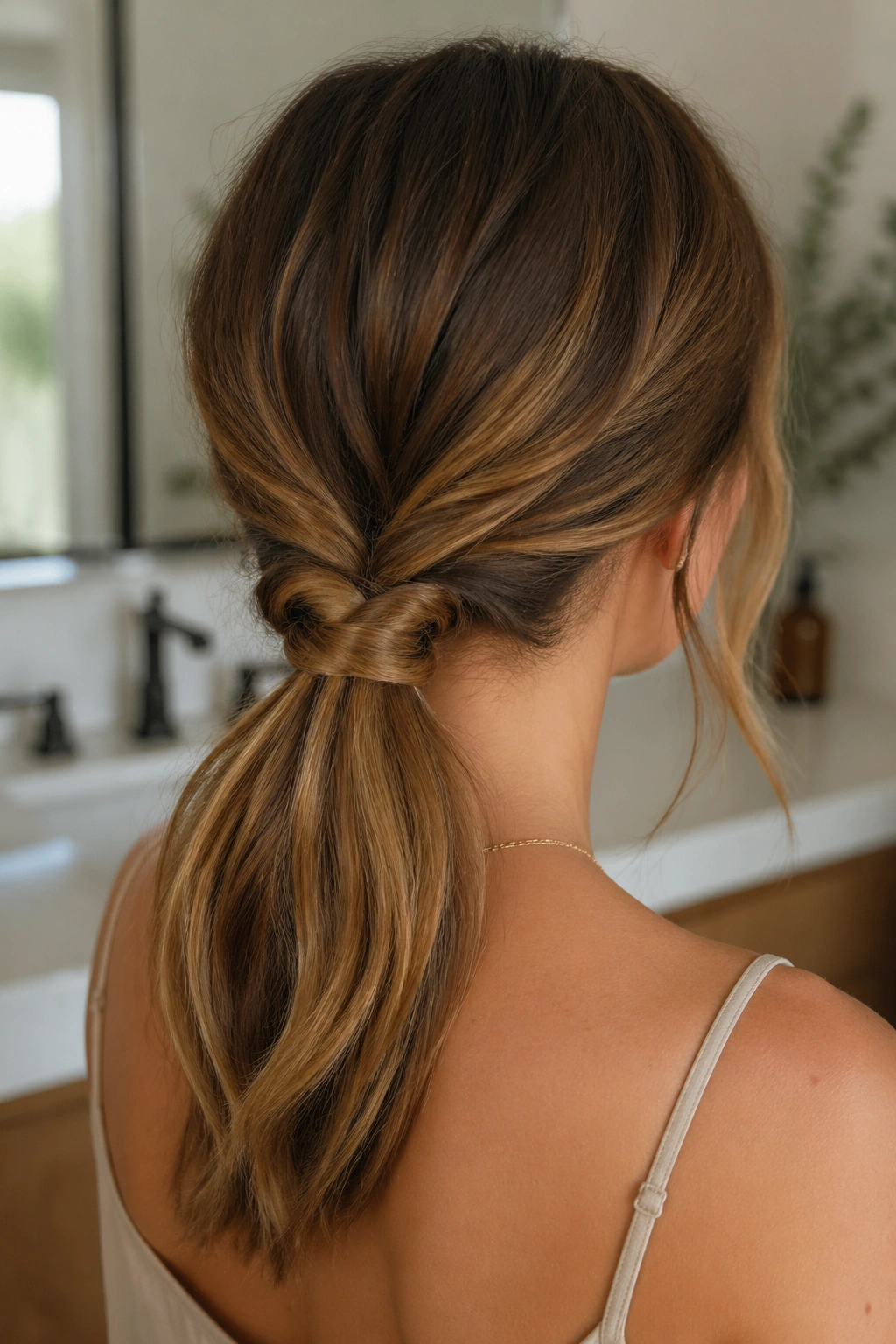Back view of loop-through ponytail showing loop above elastic