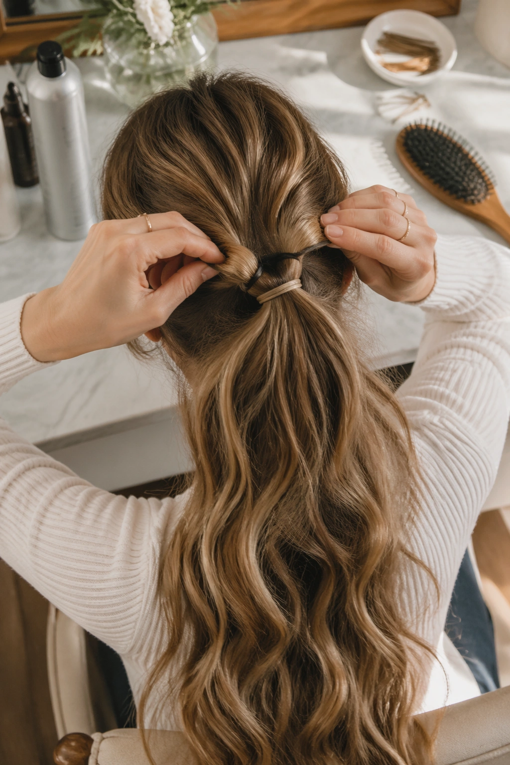 Overhead flat-lay of loop-through ponytail styling setup.
