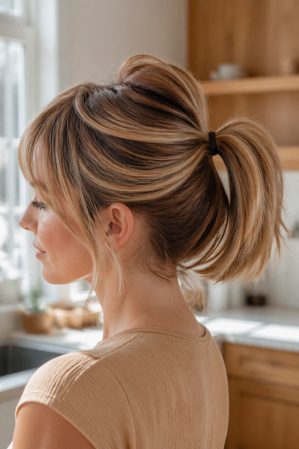 Close-up of real woman with loop-through ponytail creating base lift