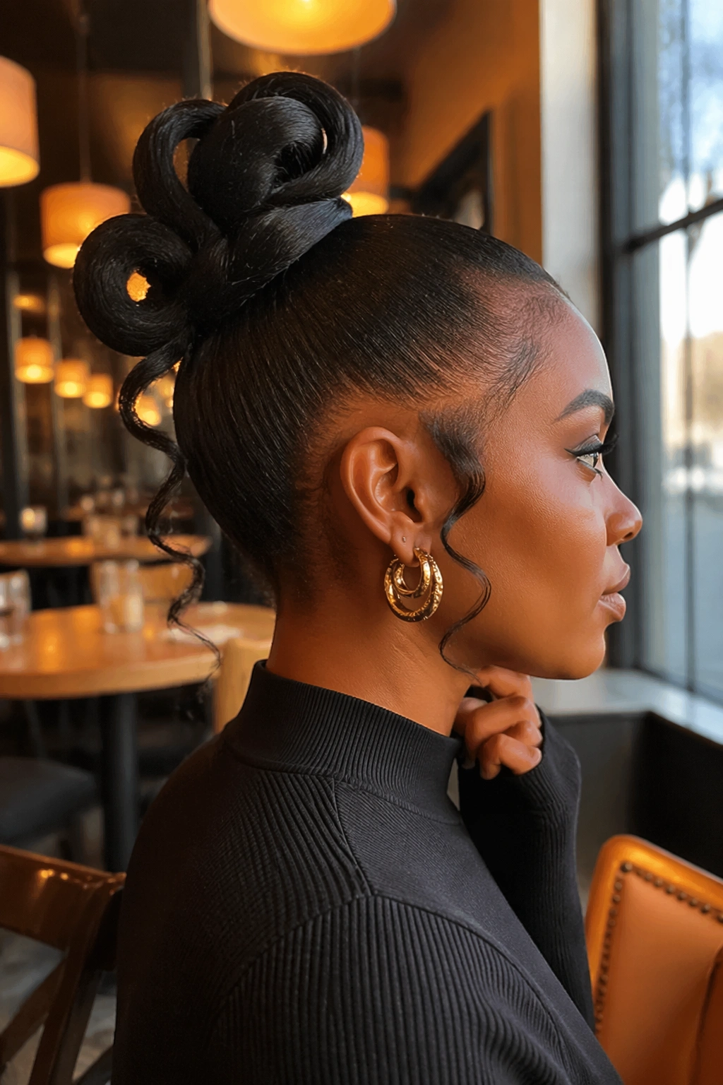 Side profile of looped ponytail bun hybrid at a cafe.