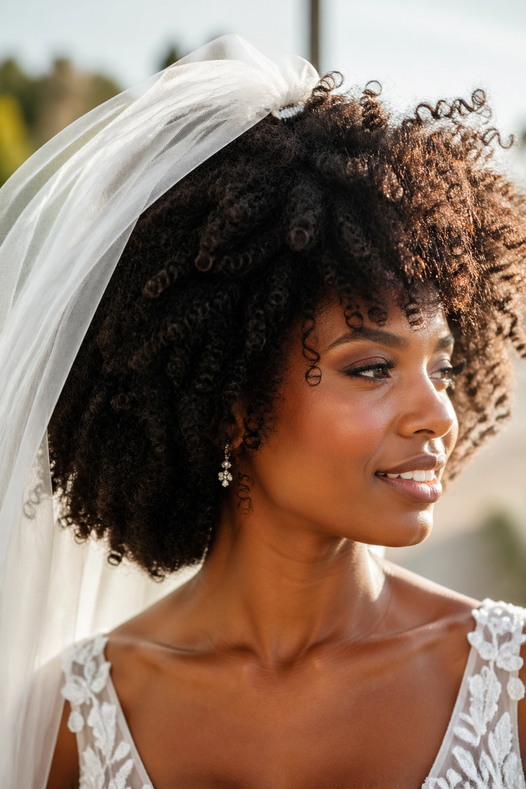 Bride with loose Afro and sheer veil in bright outdoor light