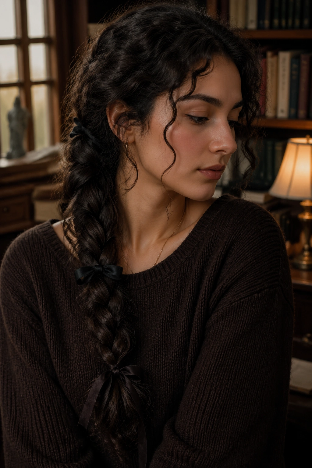Close-up portrait of a real woman with a loose side braid and dark ribbon ties in a library mood.