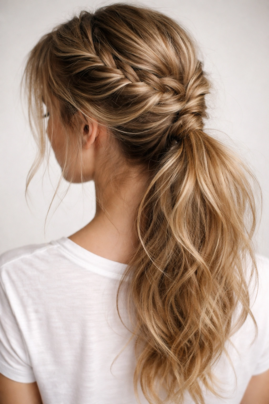Close-up of a loose French-braid ponytail with a soft crown braid and relaxed ponytail.