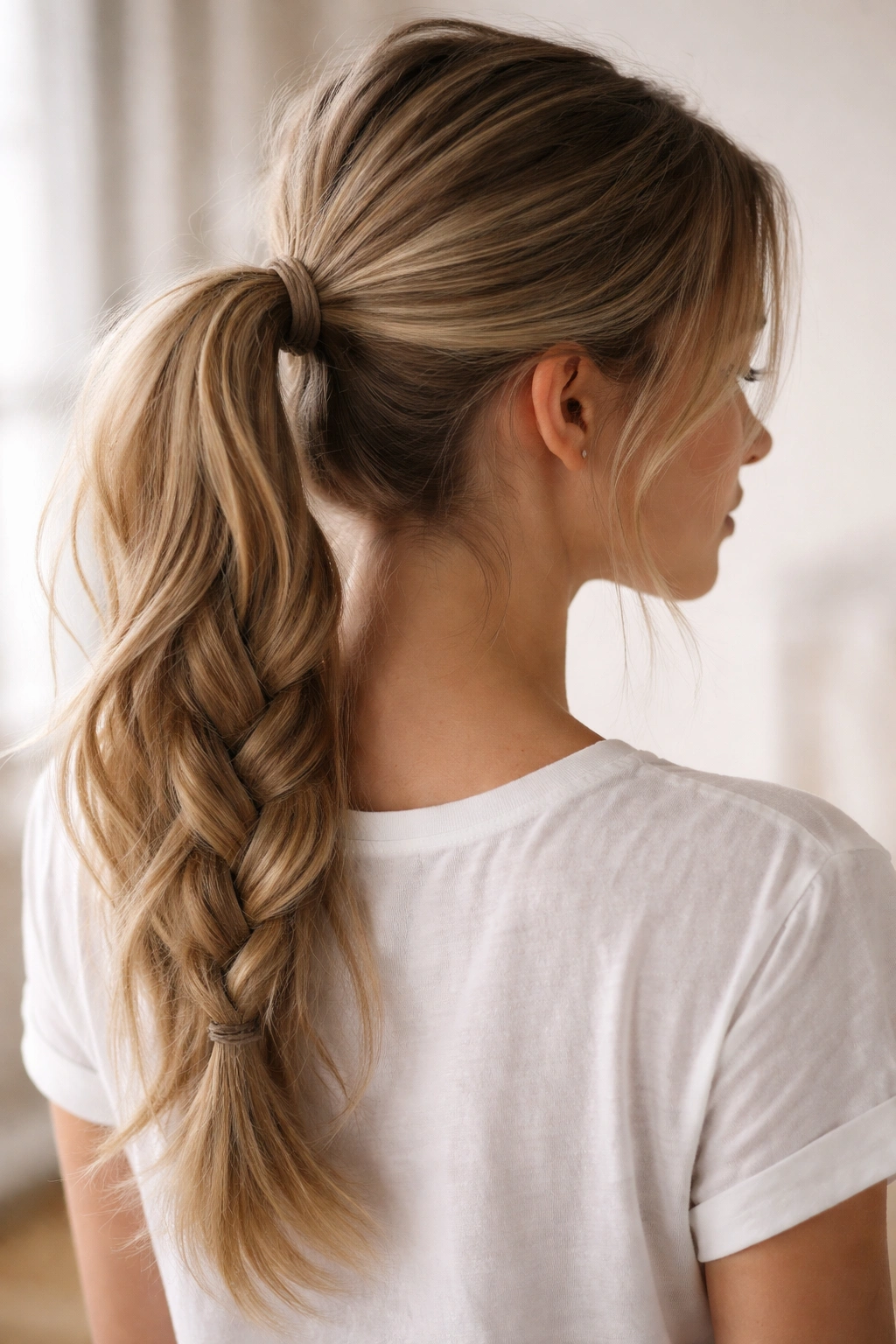 Loose braid ponytail with relaxed top and visible braid texture on straight hair