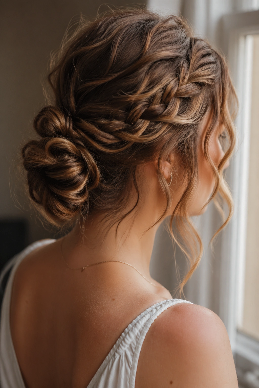 Real woman with a loose braided bun on shoulder-length wavy hair