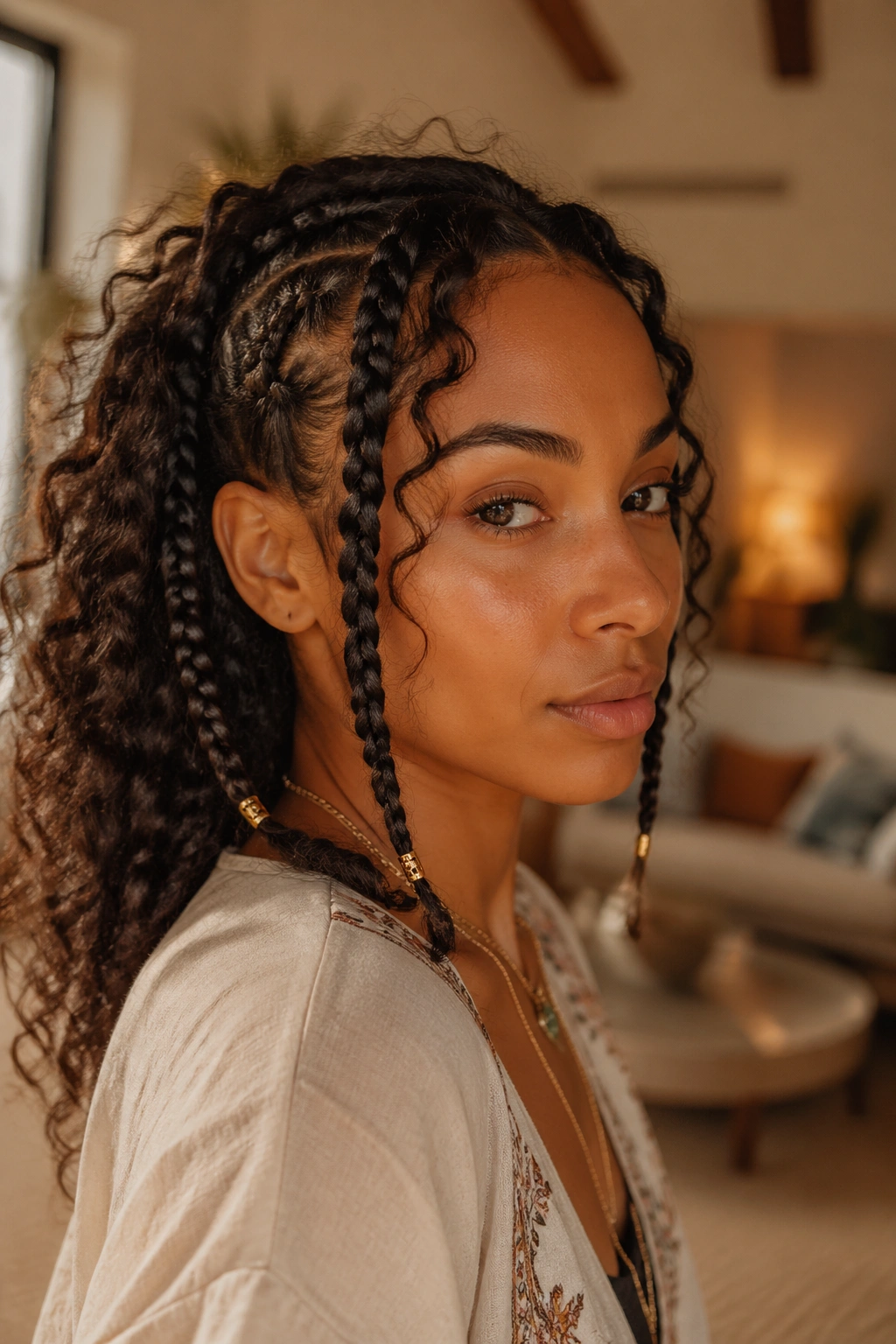 Two loose chunky braids with curls peeking through and gold ring bead ends