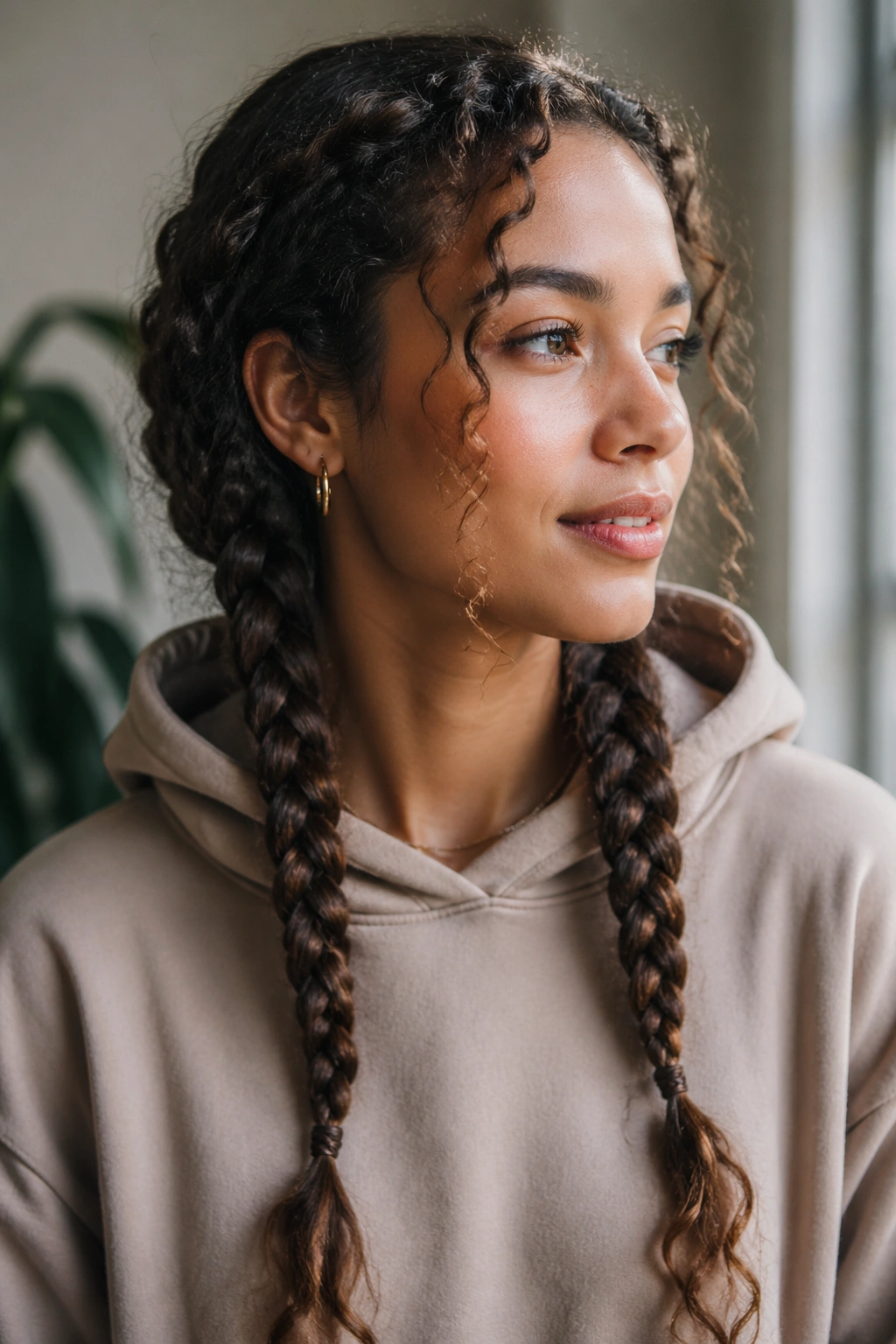 Portrait of a real person with two loose braids under a hoodie