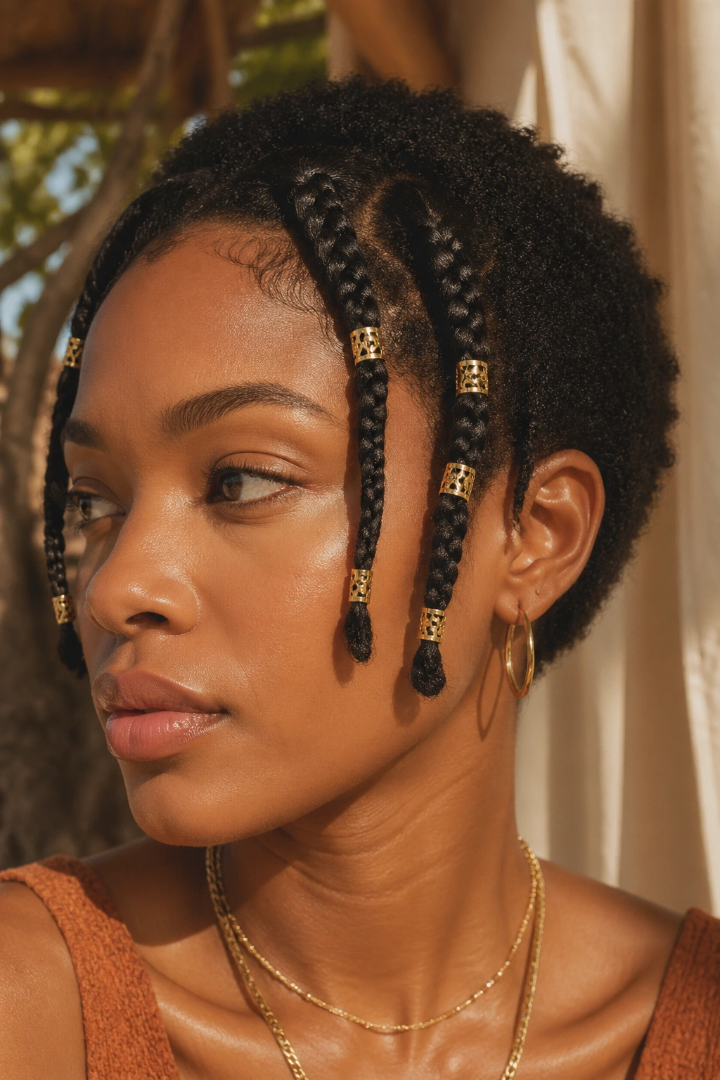 Close-up of a real woman with loose braids and gold cuffs