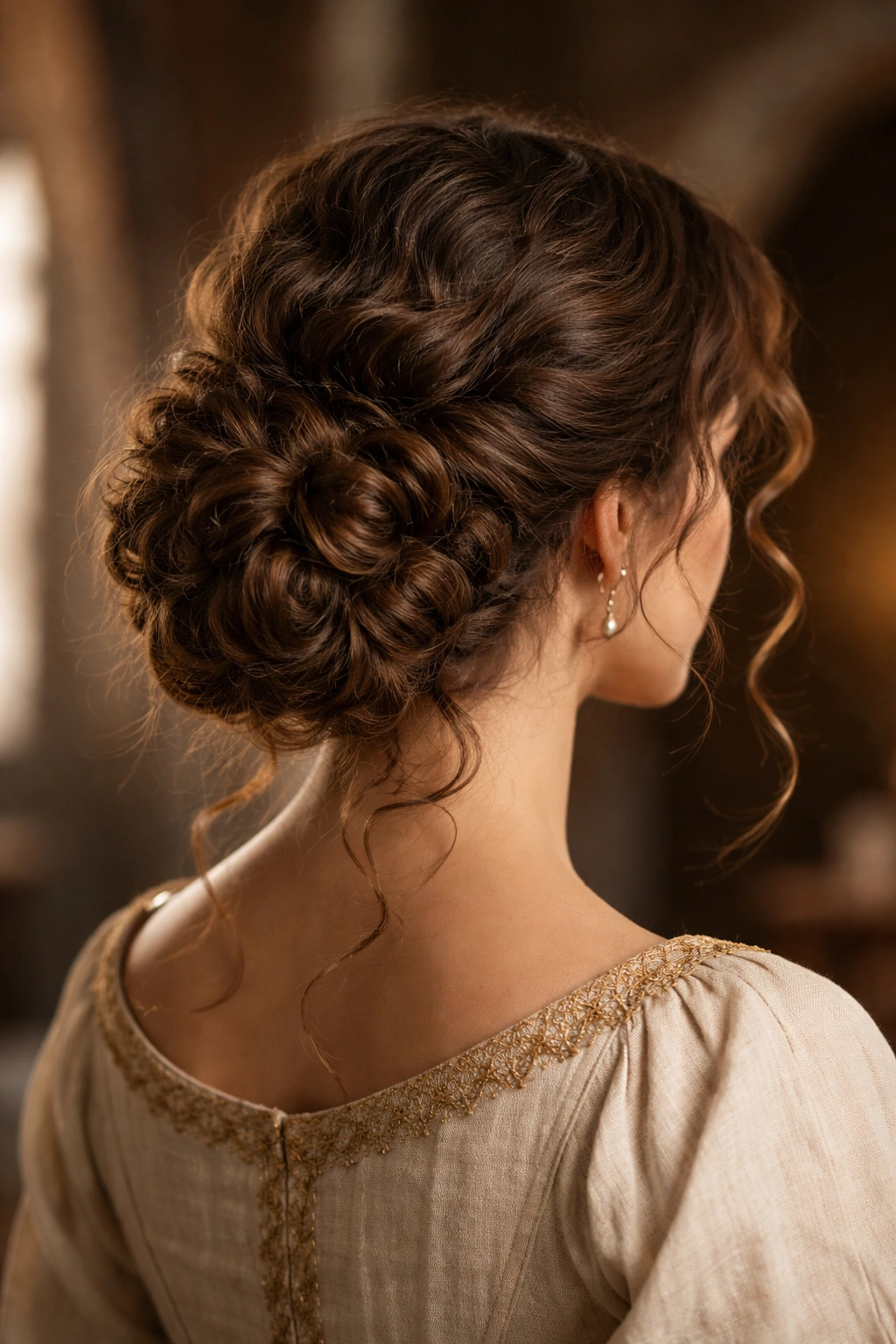 Low nape chignon with loops in curly hair