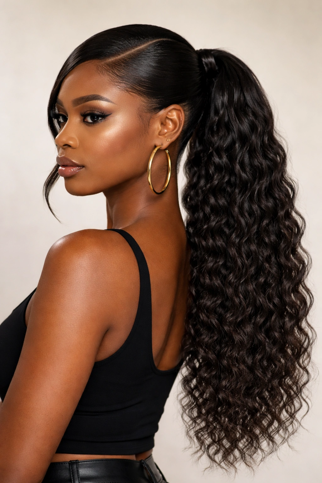 Close-up of a ponytail with loose crimped texture from roots to ends