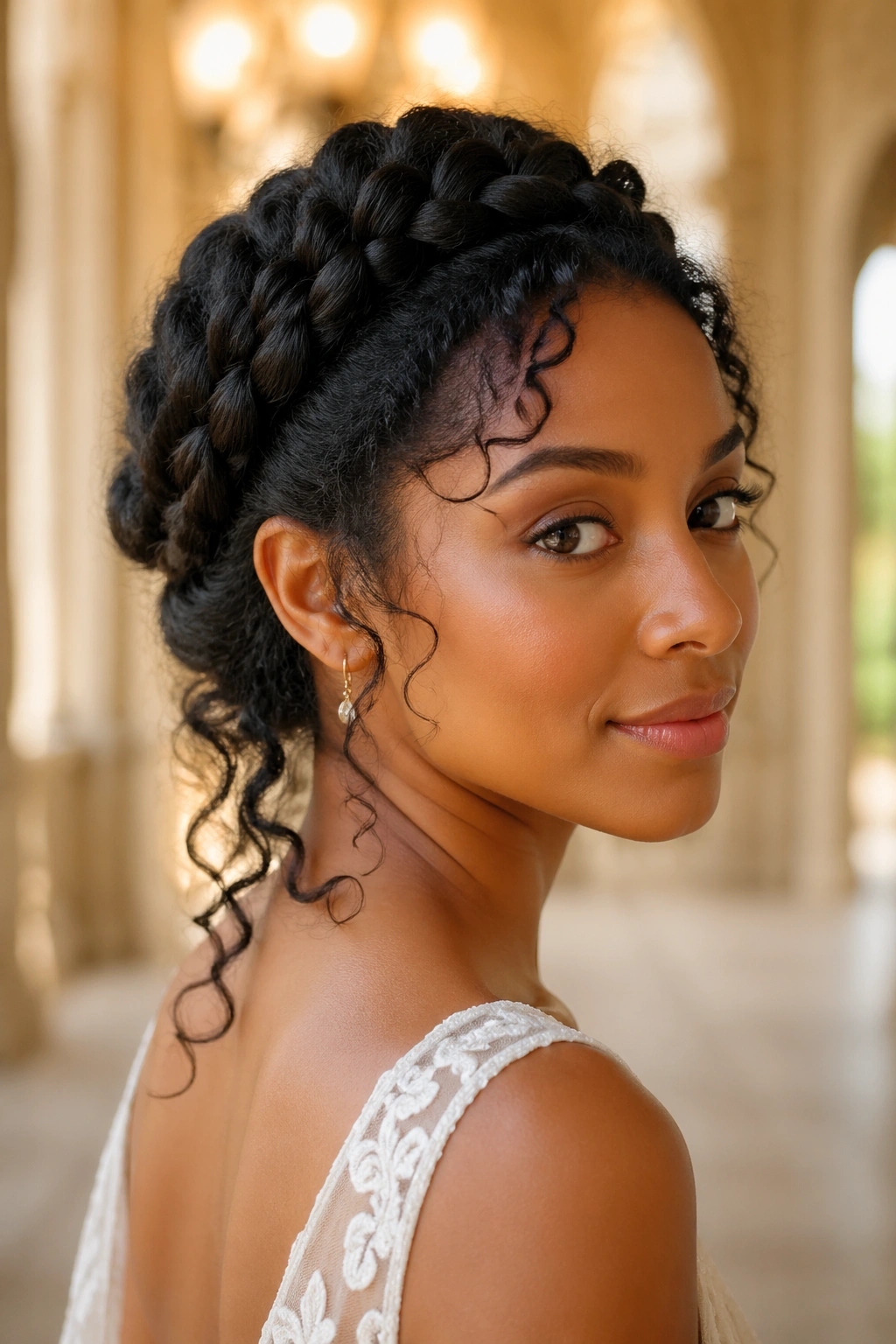 Loose crown braid with tendrils at the nape on real woman
